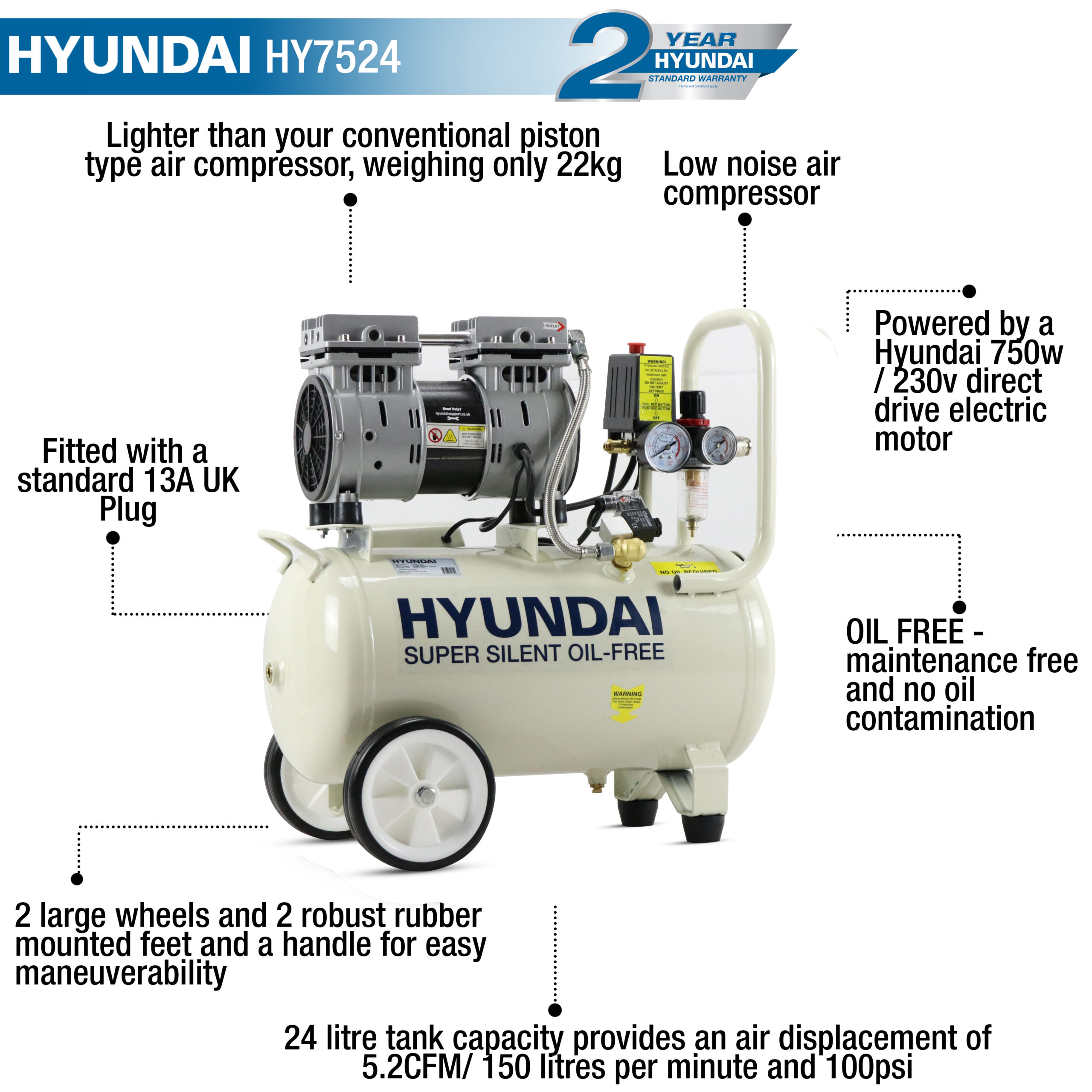 Hyundai 0.75hp 8L Oil Free Low Noise Portable Air Compressor 4CFM